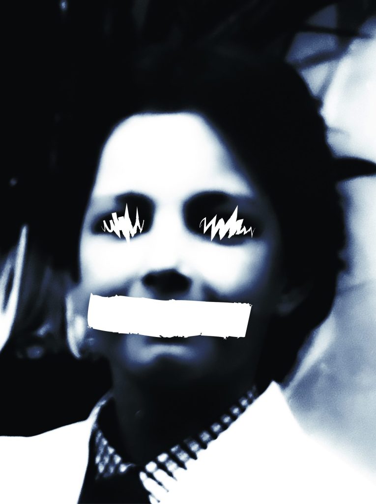 Nønløsô: a high-contrast self-portrait in blue and black, eyes scratched out and mouth covered by a white bar.