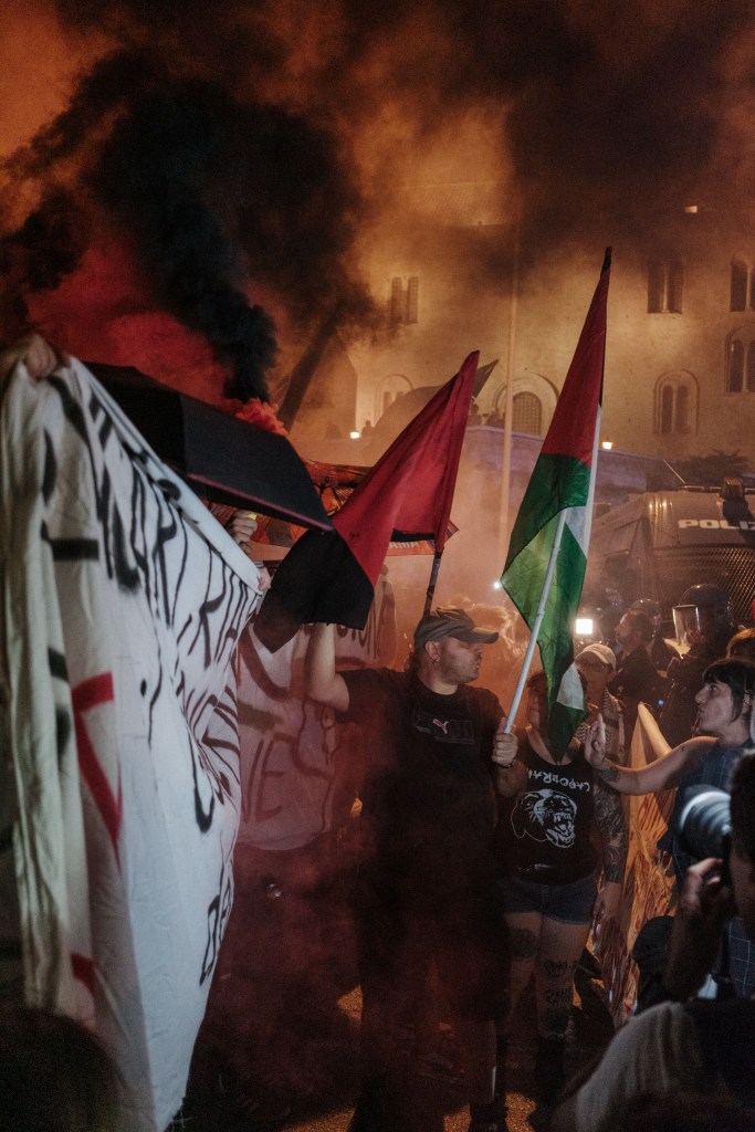 Red, black and Palestinian flags lifted through thick smoke at night, facing the police vans.